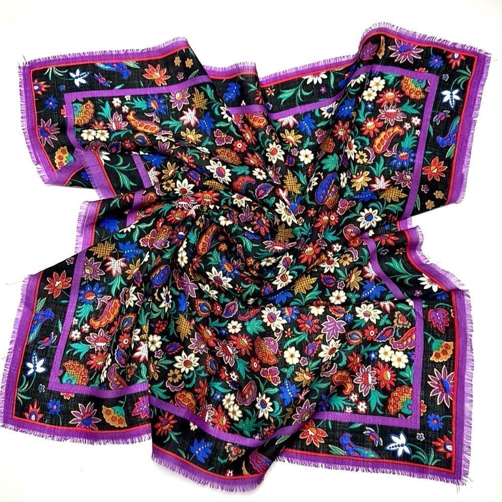Vintage Baar & Beards Wool Purple Floral Square Scarf made in Japan